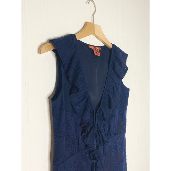 TORY BURCH Navy Sheer Floral Silk Ruffle Sleeveless Dress US 2 - Picture 10 of 14